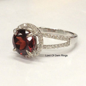 Round Garnet Diamond Halo Split Shank Engagement Ring - Lord of Gem Rings