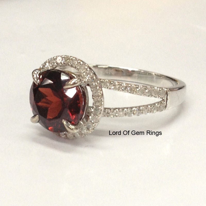 Round Garnet Diamond Halo Split Shank Engagement Ring - Lord of Gem Rings