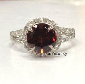 Round Garnet Diamond Halo Split Shank Engagement Ring - Lord of Gem Rings