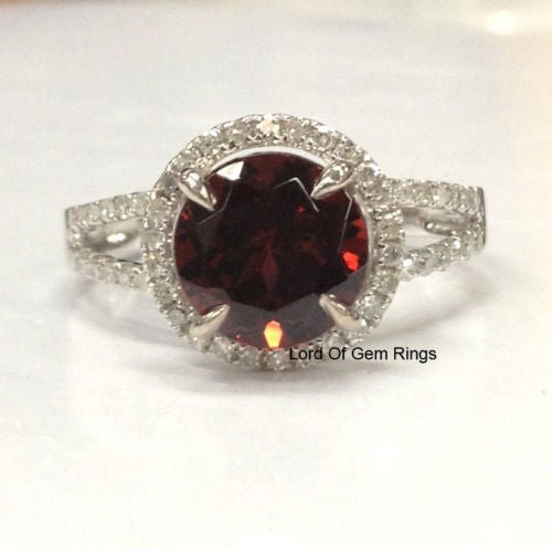 Round Garnet Diamond Halo Split Shank Engagement Ring