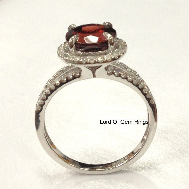 Round Garnet Diamond Halo Split Shank Engagement Ring - Lord of Gem Rings