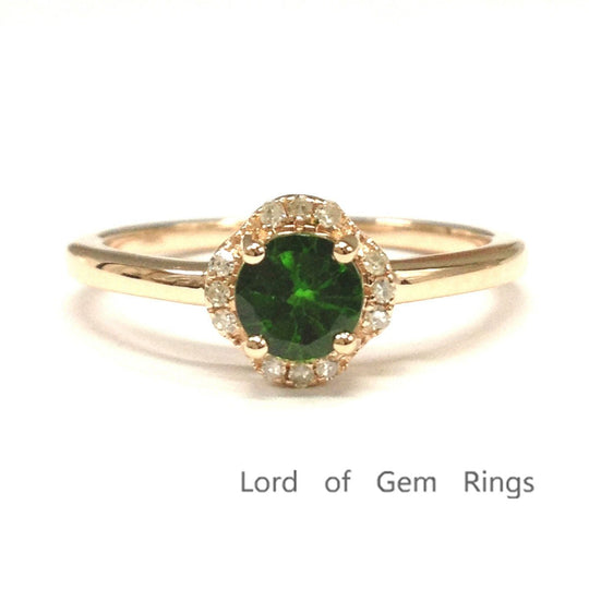 Round Green Tsavorite(Garnet) Floral Diamond Halo Ring