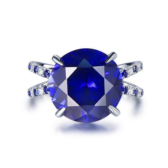 Round Lab Blue Sapphire Ring Hidden Halo 14k White Gold