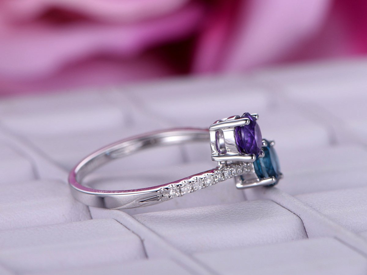 Round London Blue Topaz and Amethyst Bypass Ring with Diamond Accents - Lord of Gem Rings