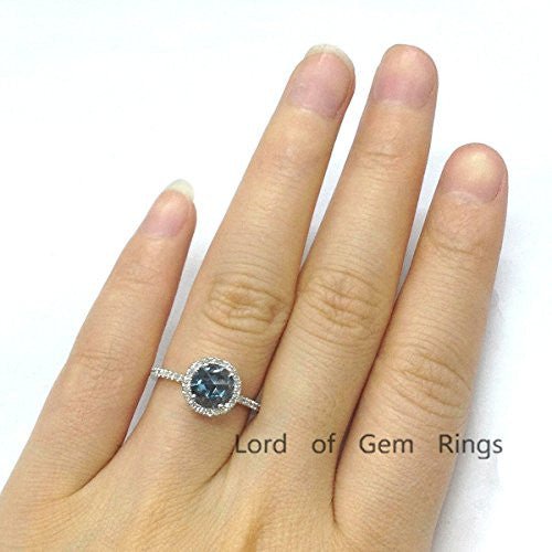Round London Blue Topaz Diamond Halo Engagement Ring - Lord of Gem Rings