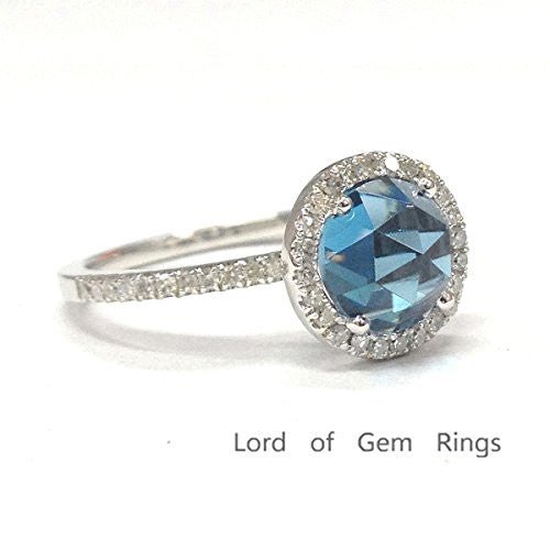Round London Blue Topaz Diamond Halo Engagement Ring - Lord of Gem Rings