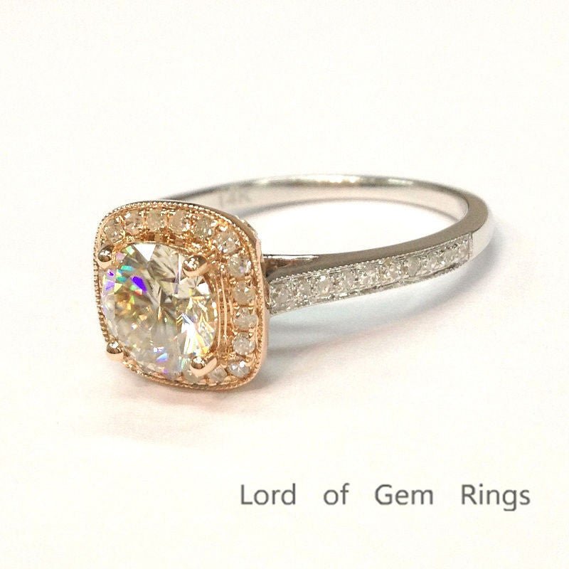 Round Moissanite cathedral Ring Diamond Halo in 14K Two Tone Gold - Lord of Gem Rings