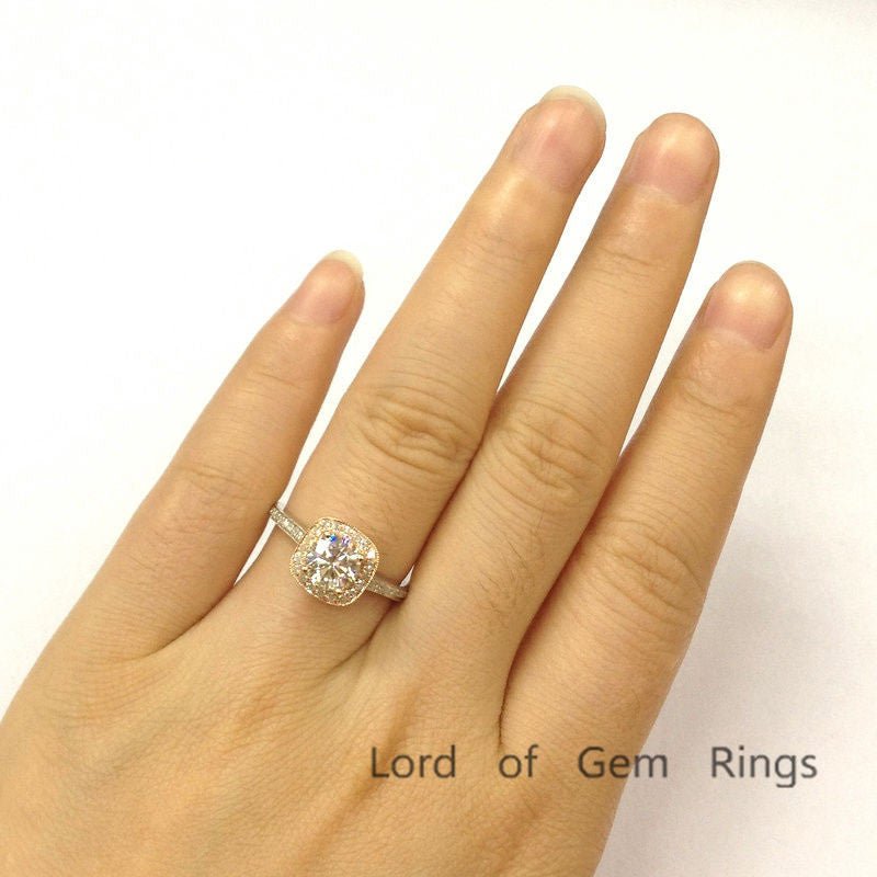 Round Moissanite cathedral Ring Diamond Halo in 14K Two Tone Gold - Lord of Gem Rings