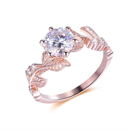 Round Moissanite Engagement Leaf Ring 14K Gold