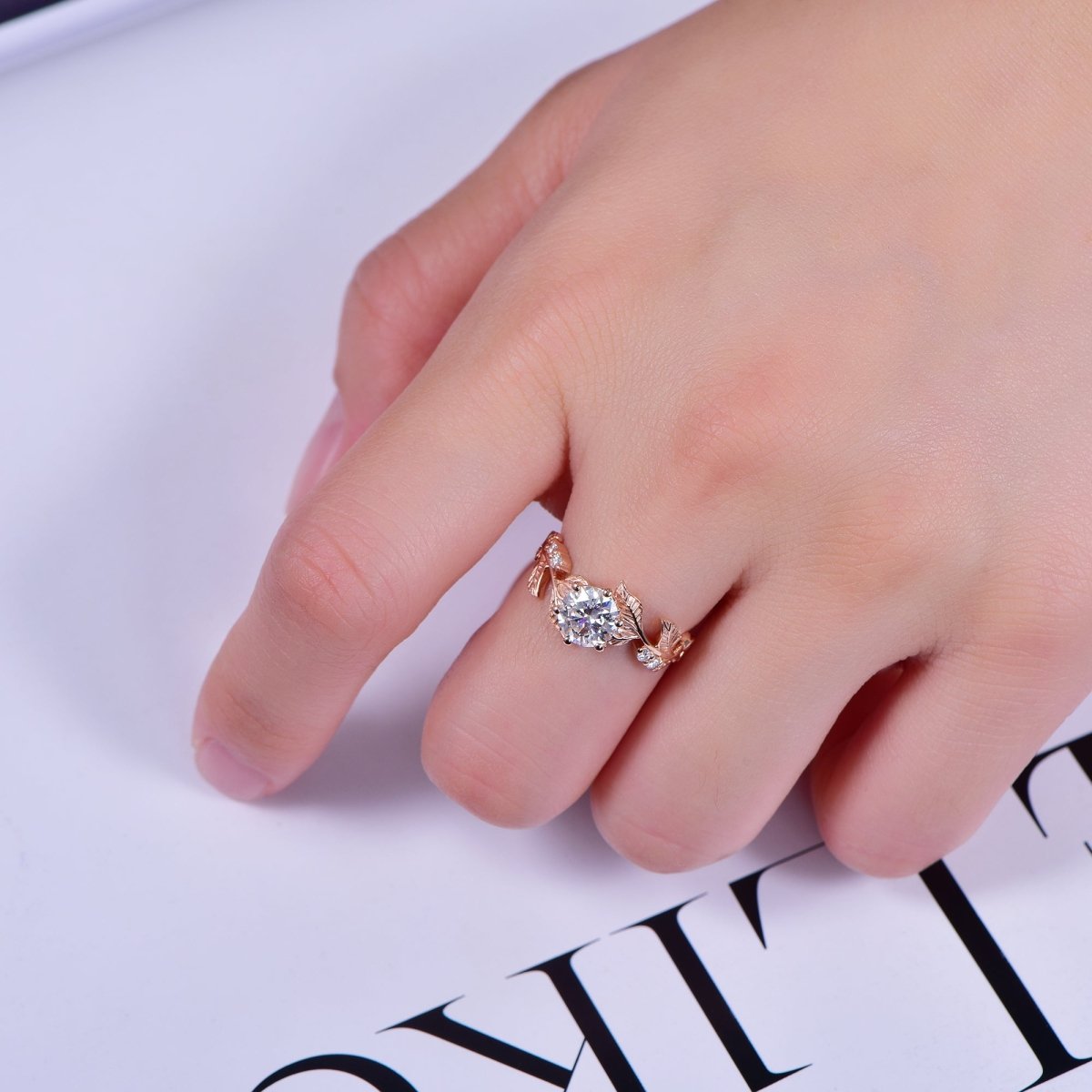 Round Moissanite Engagement Leaf Ring 14K Gold - Lord of Gem Rings