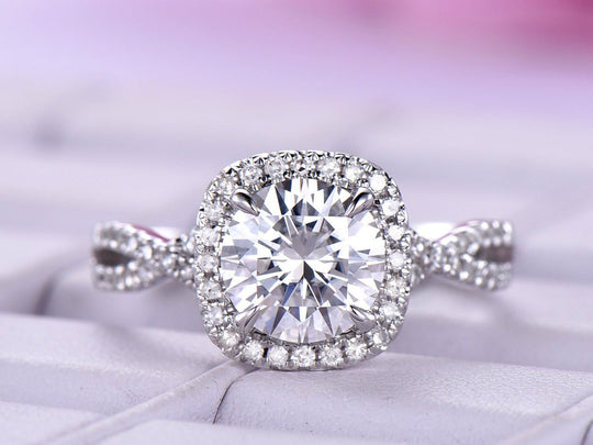 Round Moissanite Engagement Ring Criss Cross Diamond Shank
