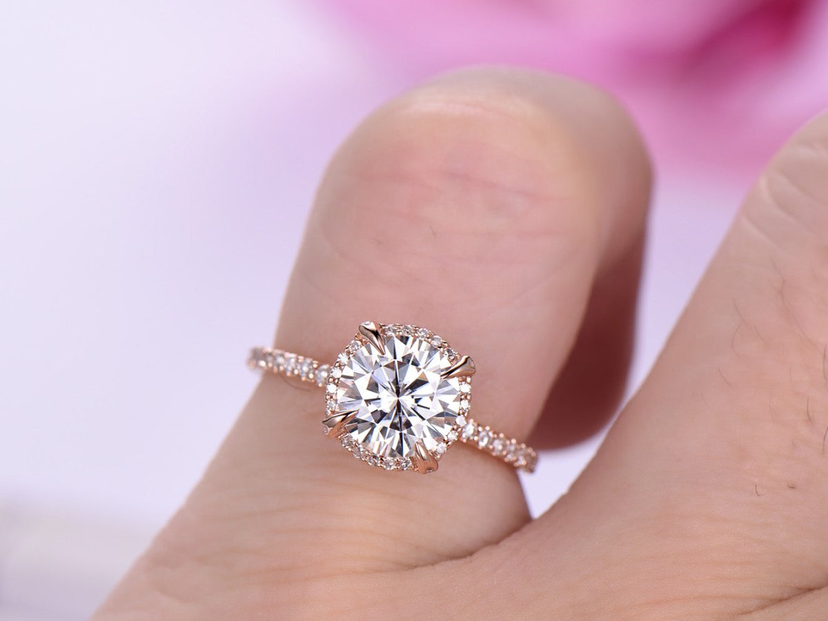 Round Moissanite Engagement Ring Diamond Halo in 18K Gold - Lord of Gem Rings