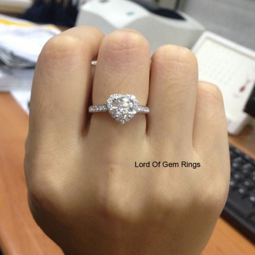 Round Moissanite Engagement Ring Heart Shaped Diamond Halo - Lord of Gem Rings