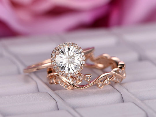 Round Moissanite Floral Diamond Wedding Band Bridal Set