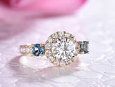 Round Moissanite London Blue Topaz Three Stone Ring - Lord of Gem Rings