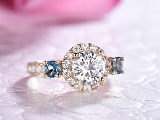 Round Moissanite London Blue Topaz Three Stone Ring