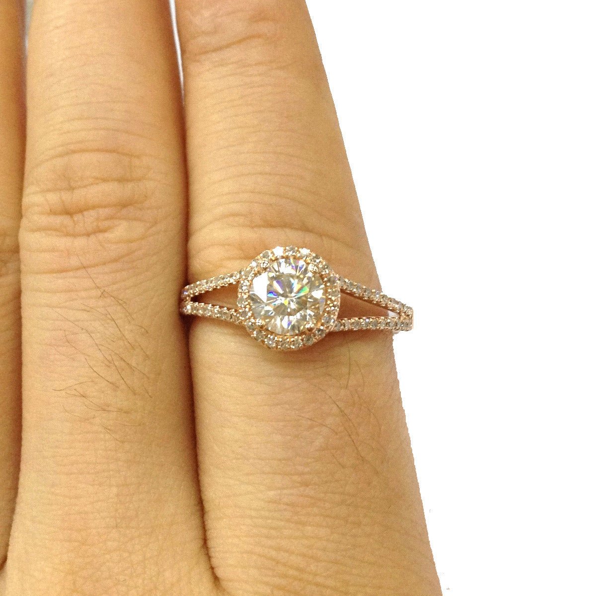 Round Moissanite Ring Diamond Halo Split Shank - Lord of Gem Rings