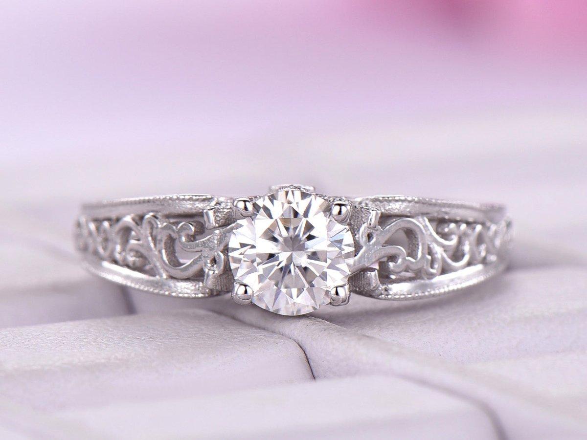 Round Moissanite Ring Floral Diamond Under Gallery Celtic Shank - Lord of Gem Rings