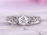 Round Moissanite Ring Floral Diamond Under Gallery Celtic Shank - Lord of Gem Rings