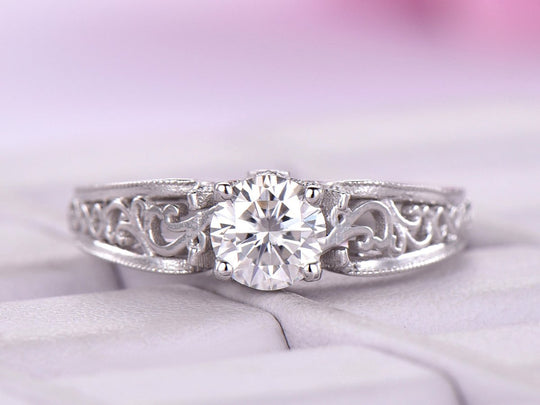 Round Moissanite Ring Floral Diamond Under Gallery Celtic Shank