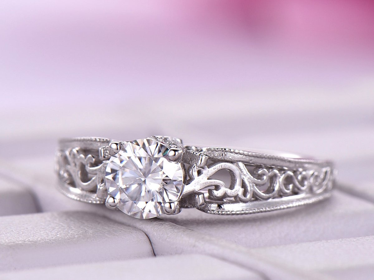 Round Moissanite Ring Floral Diamond Under Gallery Celtic Shank - Lord of Gem Rings