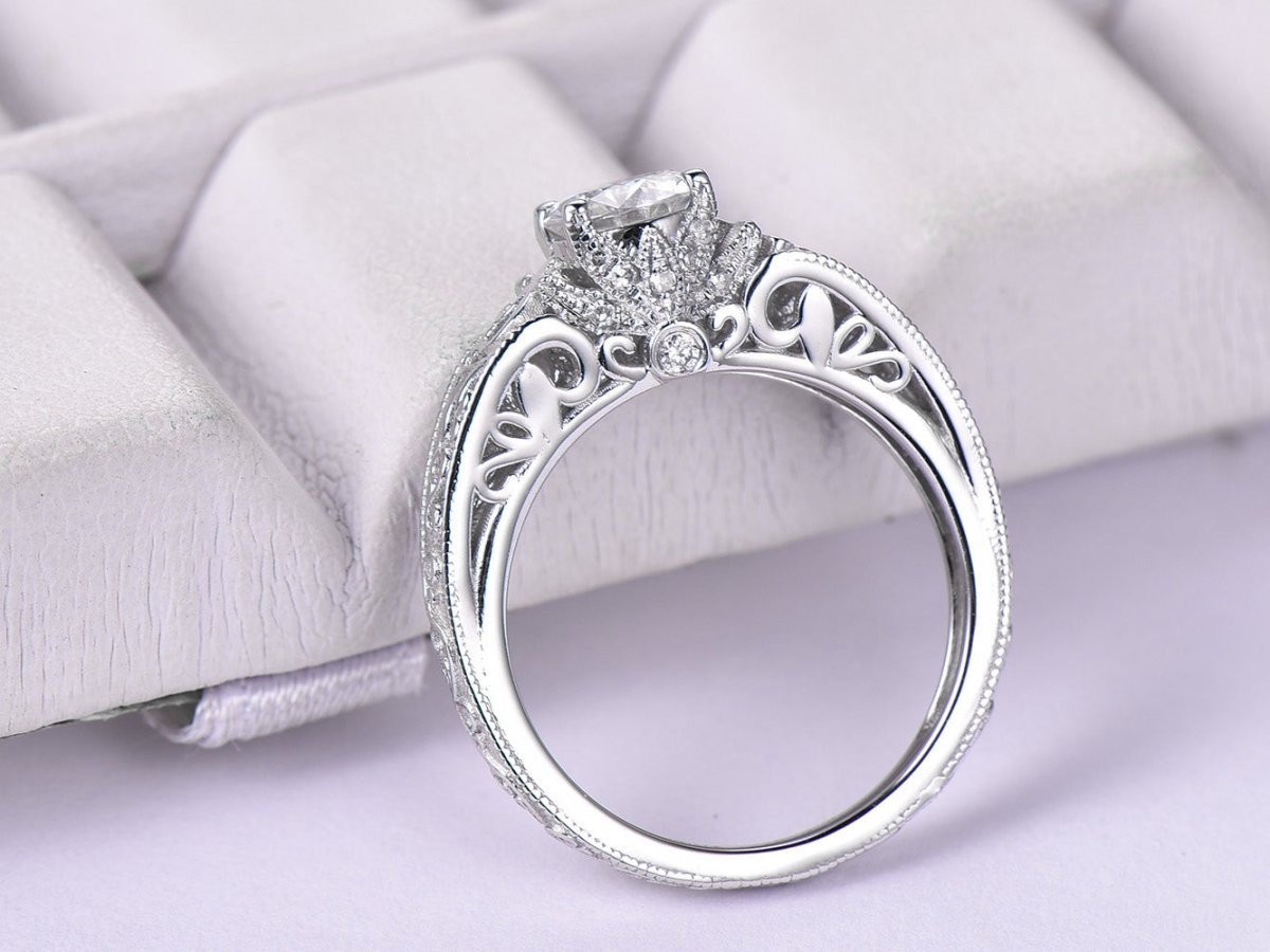 Round Moissanite Ring Floral Diamond Under Gallery Celtic Shank - Lord of Gem Rings