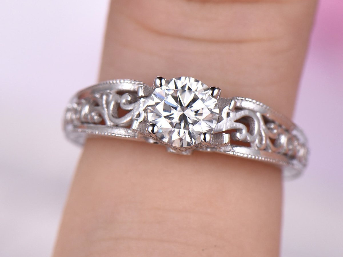 Round Moissanite Ring Floral Diamond Under Gallery Celtic Shank - Lord of Gem Rings