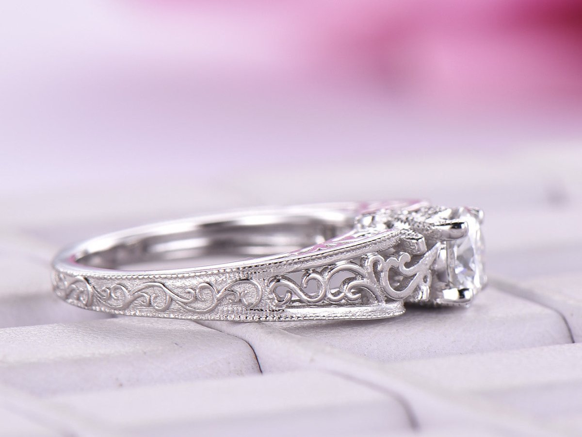 Round Moissanite Ring Floral Diamond Under Gallery Celtic Shank - Lord of Gem Rings