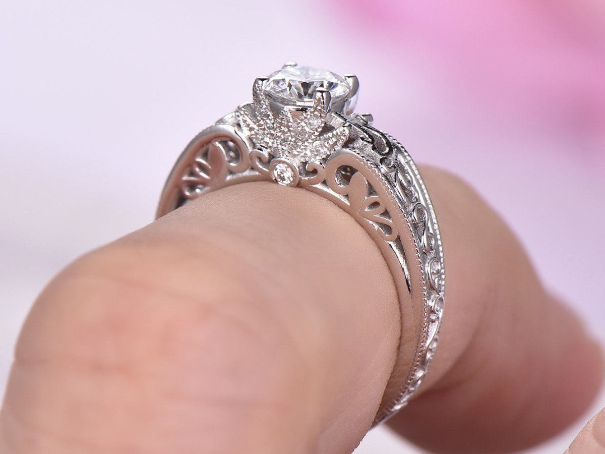 Round Moissanite Ring Floral Diamond Under Gallery Celtic Shank - Lord of Gem Rings
