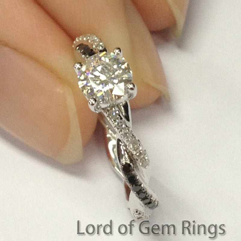 Round Moissanite Ring Twisted Shank with Black Diamond - Lord of Gem Rings