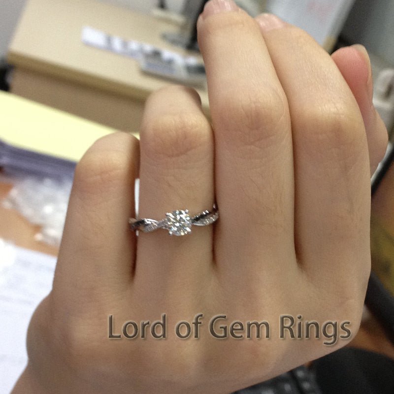 Round Moissanite Ring Twisted Shank with Black Diamond - Lord of Gem Rings