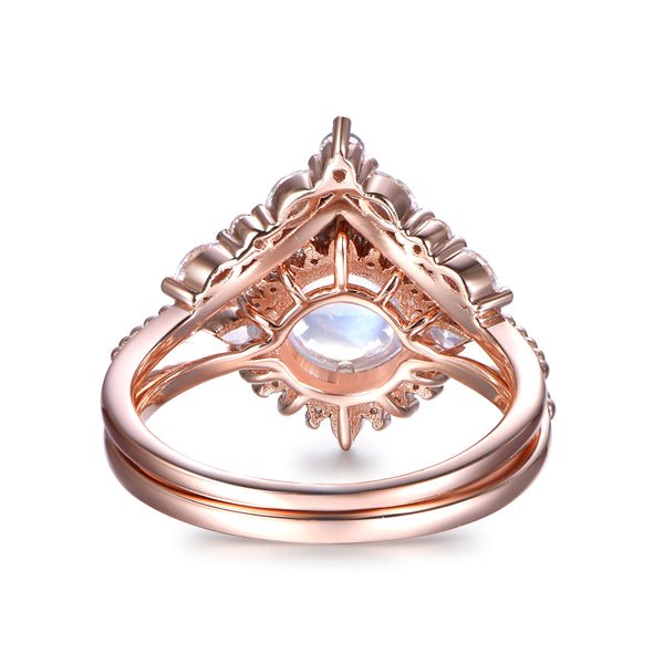 Round Moonstone Pear Diamond Vintage Ball Bridal Set with Chevron Band - Lord of Gem Rings