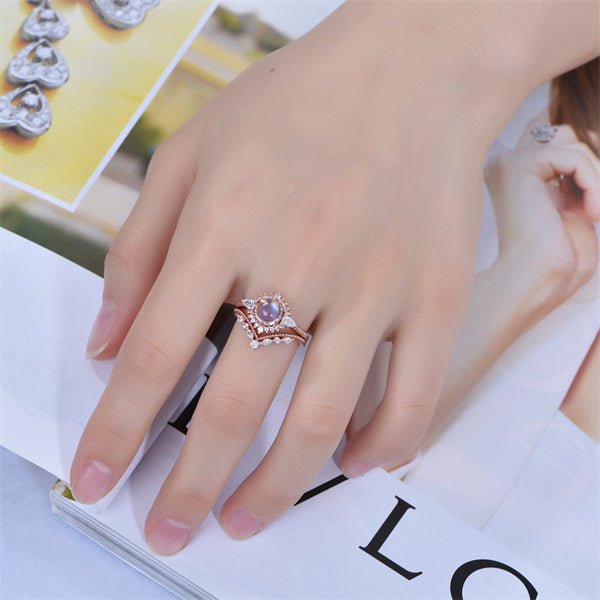 Round Moonstone Pear Diamond Vintage Ball Bridal Set with Chevron Band - Lord of Gem Rings