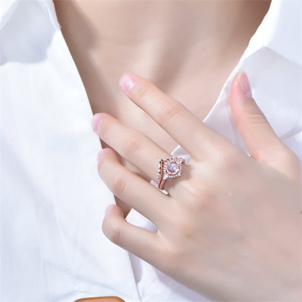 Round Moonstone Pear Diamond Vintage Ball Bridal Set with Chevron Band - Lord of Gem Rings