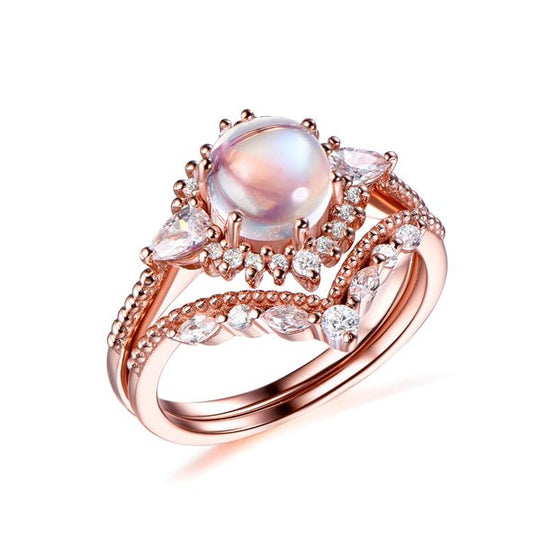 Round Moonstone Pear Diamond Vintage Ball Bridal Set with Chevron Band