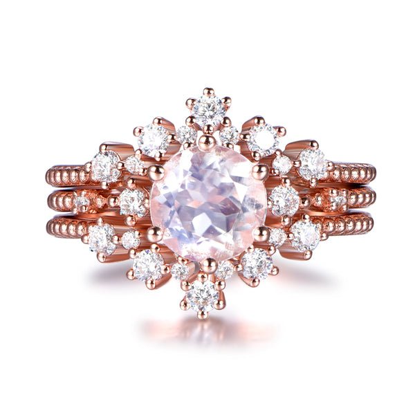 Round Moonstone Trio Bridal Set with Tiara Curve Diamond Band - Lord of Gem Rings
