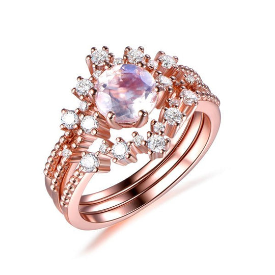 Round Moonstone  Trio Bridal Set with Tiara Curve Diamond Band