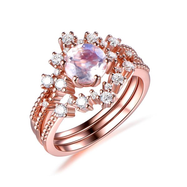 Round Moonstone Trio Bridal Set with Tiara Curve Diamond Band - Lord of Gem Rings