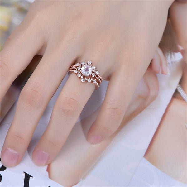 Round Moonstone Trio Bridal Set with Tiara Curve Diamond Band - Lord of Gem Rings