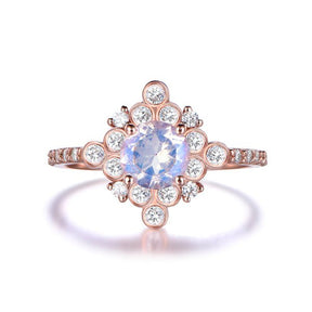 Round Moonstone Vintage Bezel-Set Diamond Halo Engagement Ring - Lord of Gem Rings