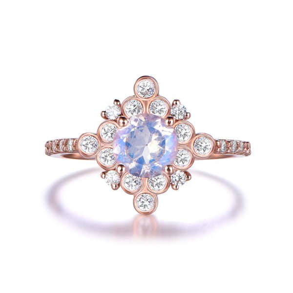 Round Moonstone Vintage Bezel-Set Diamond Halo Engagement Ring - Lord of Gem Rings