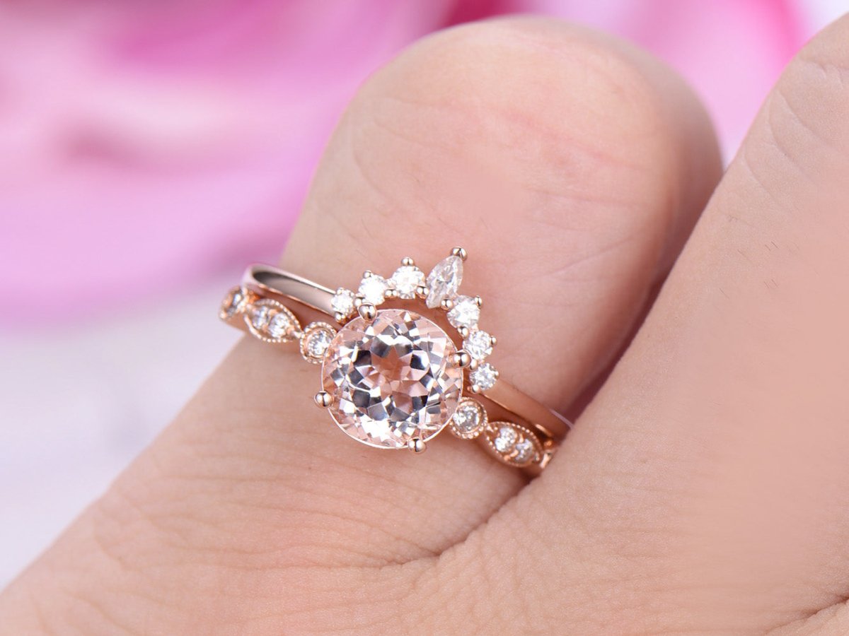 Round Morganite Art Deco Ring Marquise Moissanite Tiara Bridal Set - Lord of Gem Rings