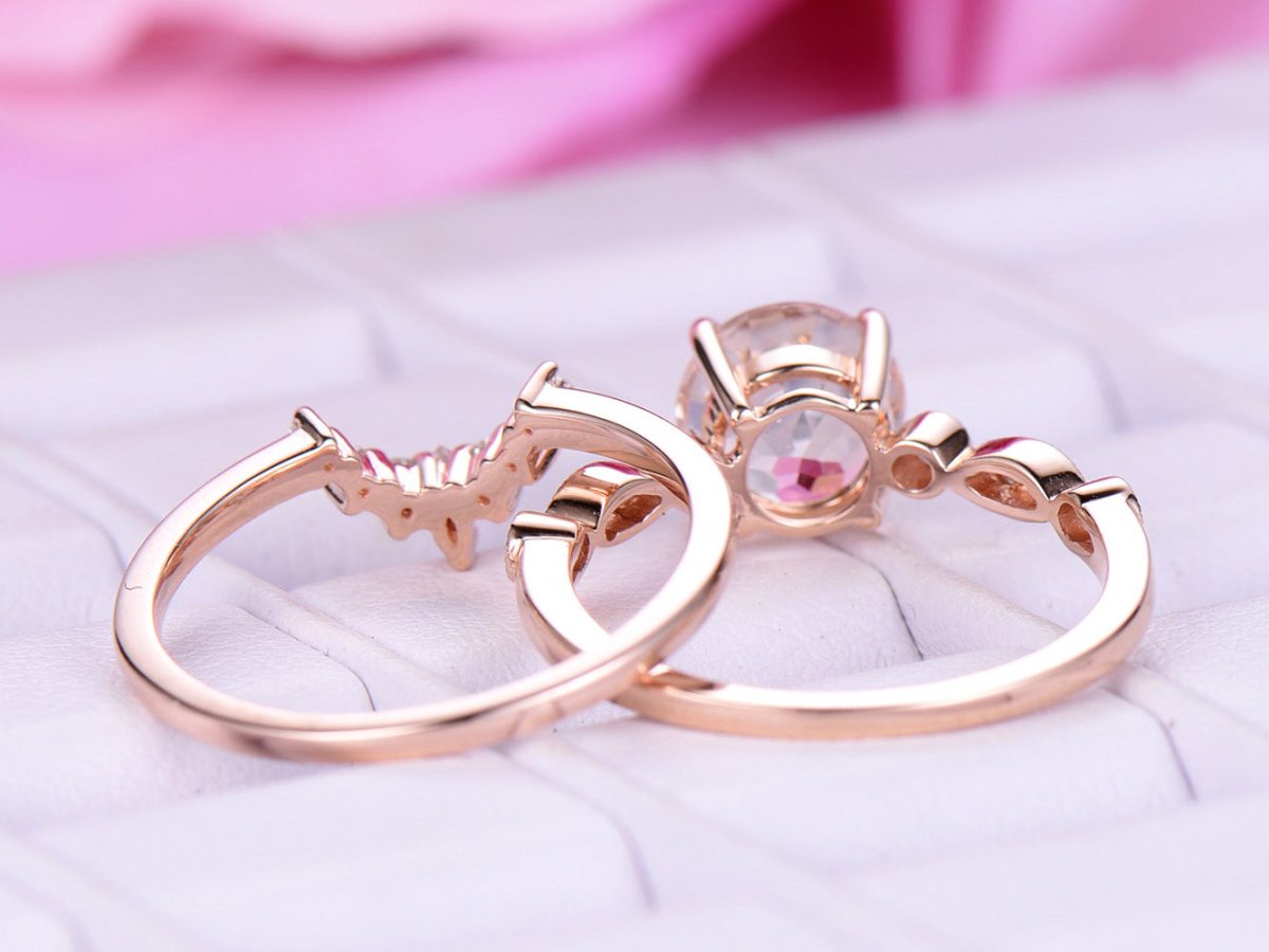 Round Morganite Art Deco Ring Marquise Moissanite Tiara Bridal Set - Lord of Gem Rings
