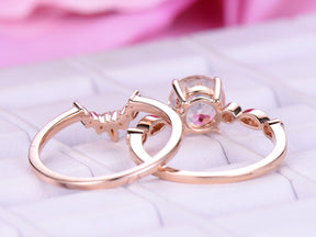 Round Morganite Art Deco Ring Marquise Moissanite Tiara Bridal Set - Lord of Gem Rings