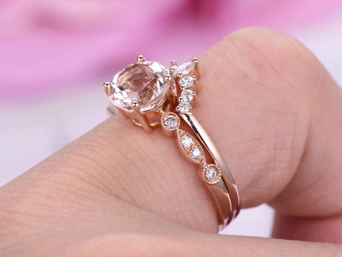 Round Morganite Art Deco Ring Marquise Moissanite Tiara Bridal Set - Lord of Gem Rings