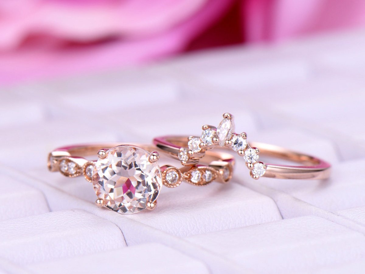 Round Morganite Art Deco Ring Marquise Moissanite Tiara Bridal Set - Lord of Gem Rings