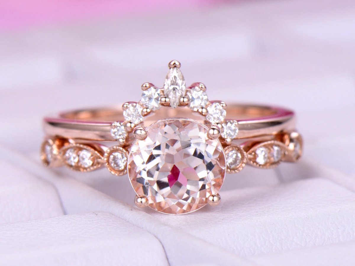 Round Morganite Art Deco Ring Marquise Moissanite Tiara Bridal Set - Lord of Gem Rings