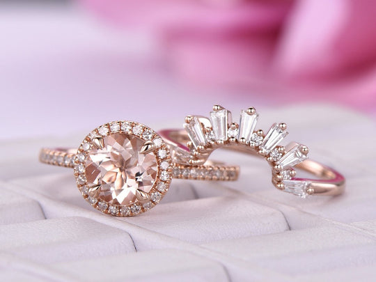 1.2ct Round Morganite Baguette Diamond Tiara Bridal Set