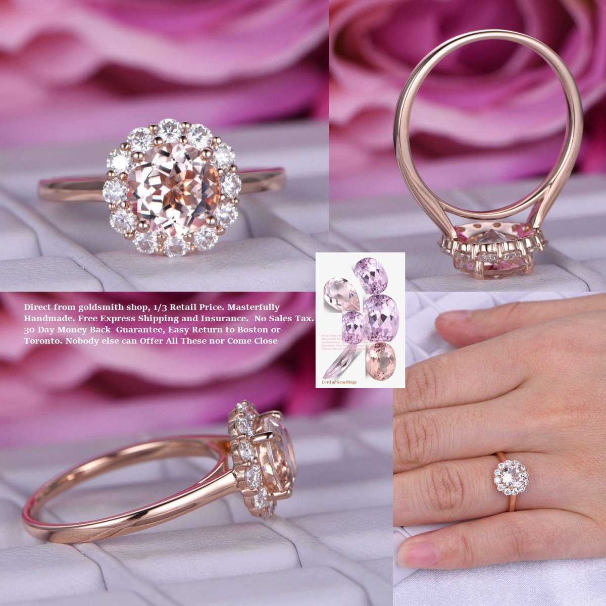 Round Morganite Cathedral Ring Moissanite Halo 14K Rose Gold 7mm - Lord of Gem Rings