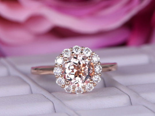 Round Morganite  Cathedral Ring Moissanite Halo 14K Rose Gold 7mm